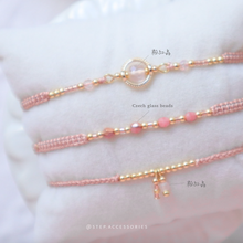 將圖片載入圖庫檢視器 H755 紛紅晶 Pink Hand strap set / piece with Square Natural stone and glass beads < 3 styles >