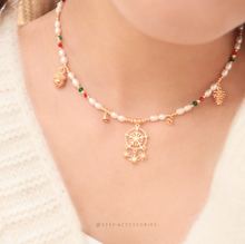 將圖片載入圖庫檢視器 J238 Snowflake, Christmas bell, Pinecone Choker with Freshwater pearls and Swarovski