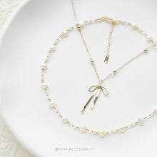 將圖片載入圖庫檢視器 Ribbon Necklace & Freshwater pearls choker piece / set <Gold / Silver>