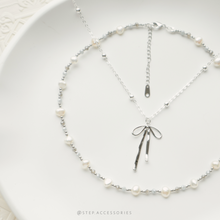 將圖片載入圖庫檢視器 Ribbon Necklace & Freshwater pearls choker piece / set <Gold / Silver>