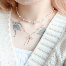將圖片載入圖庫檢視器 Ribbon Necklace & Freshwater pearls choker piece / set <Gold / Silver>