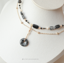 將圖片載入圖庫檢視器 Peace Buckle Choker with Natural stone and freshwater pearls <黑髮晶,閃光石>