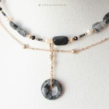 將圖片載入圖庫檢視器 Peace Buckle Choker with Natural stone and freshwater pearls <黑髮晶,閃光石>