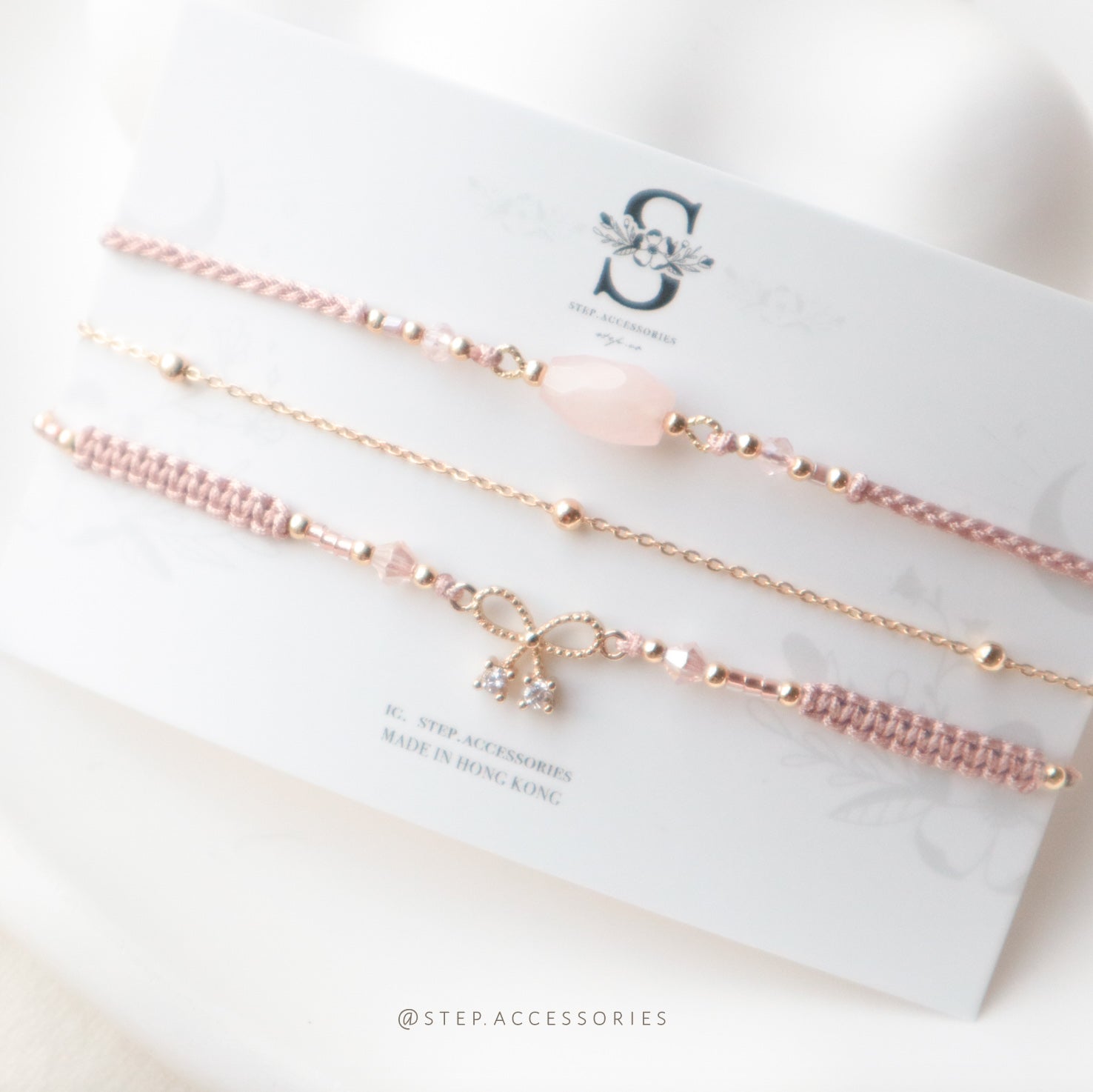 H832set - Pink Ribbon Swarovski Hand strap set with Natural stone