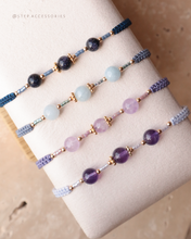 將圖片載入圖庫檢視器 6mm Natural stone Hand strap with Japanese glass beads <navy/blue/purple>