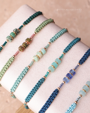 將圖片載入圖庫檢視器 Three Flat Natural stone with Japanese glass beads hand strap <green, mint, navy, blue>