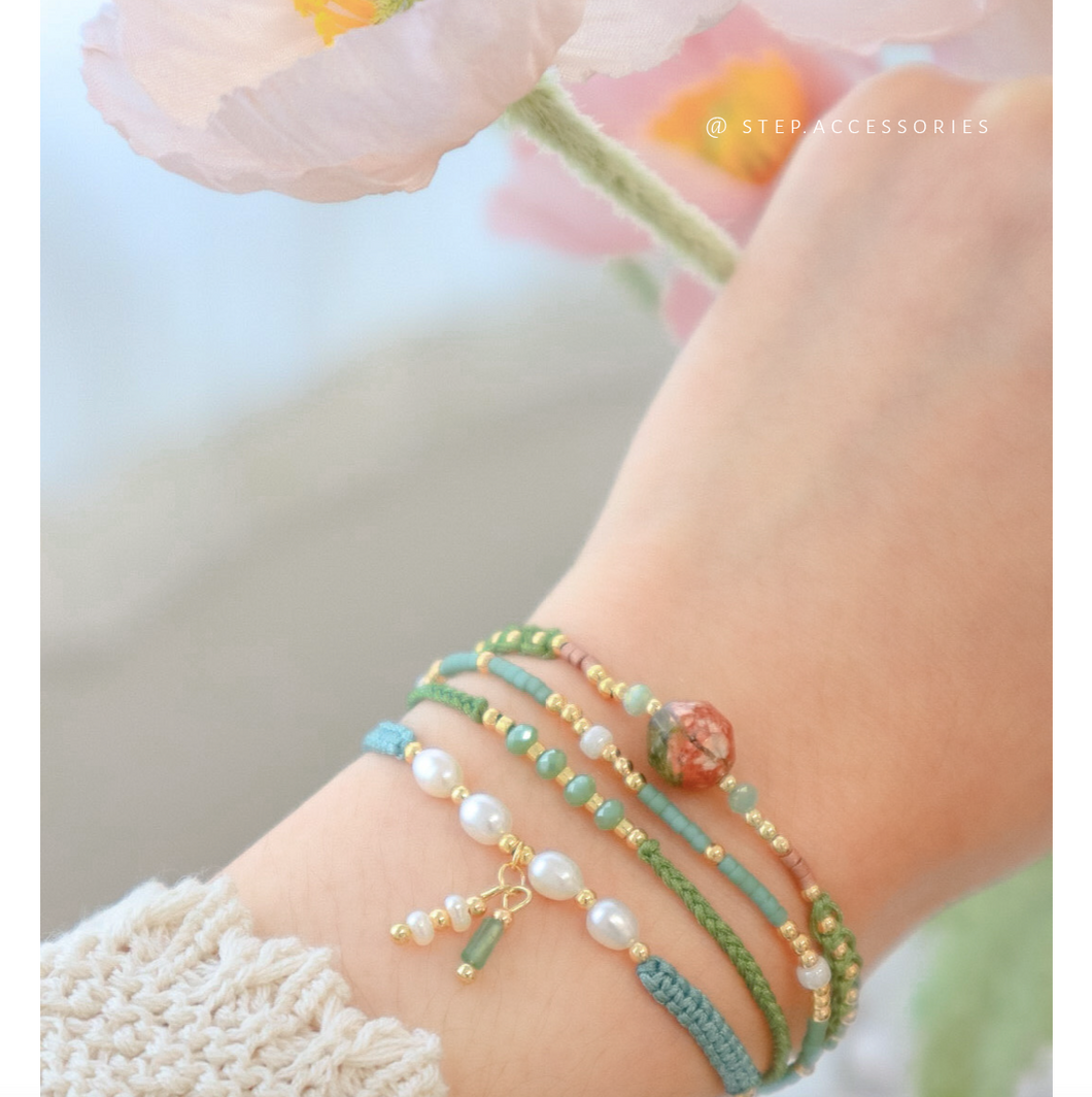 Matcha Hand strap set / piece with Natural stone and glass beads < 4 styles >