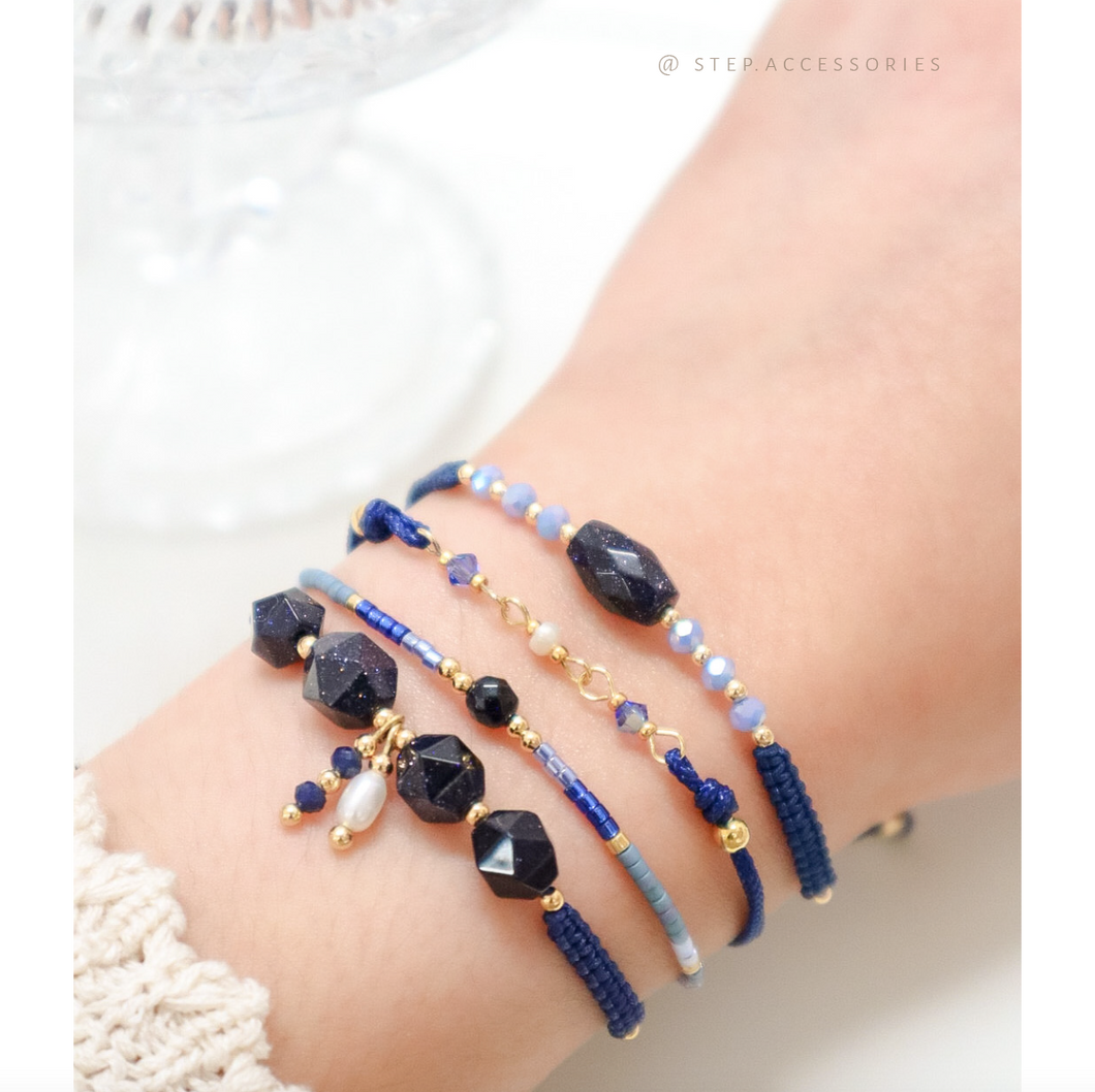 Navy Hand strap set / piece with Natural stone and glass beads < 4 styles >