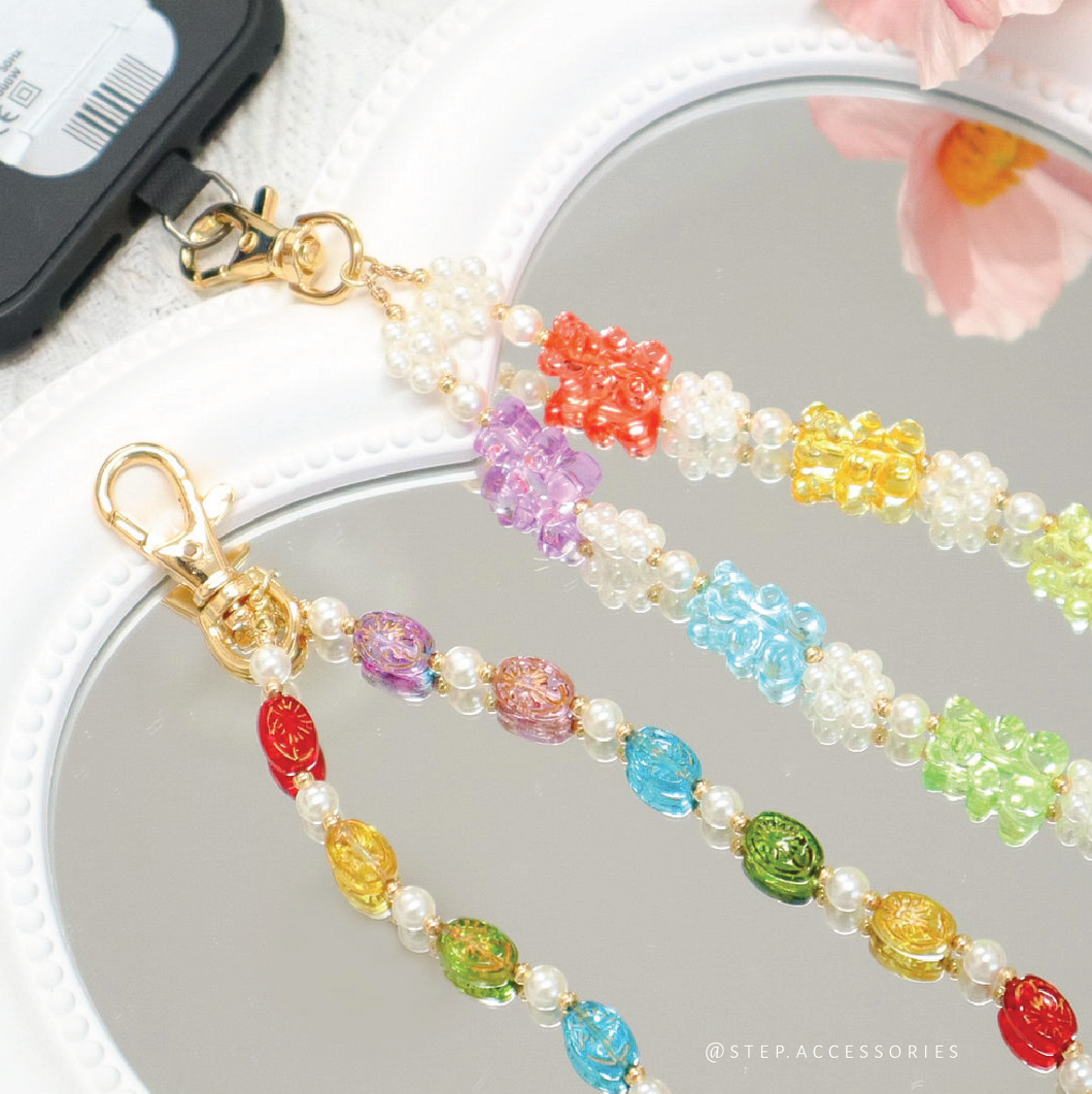 Short Rainbow Phone strap with glass beads and Resin beads <2 styles>
