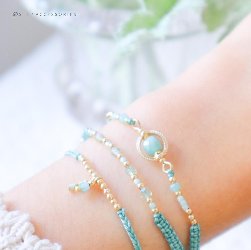 H759 天河石 Mint Hand strap set / piece with Square Natural stone and glass beads < 3 styles >