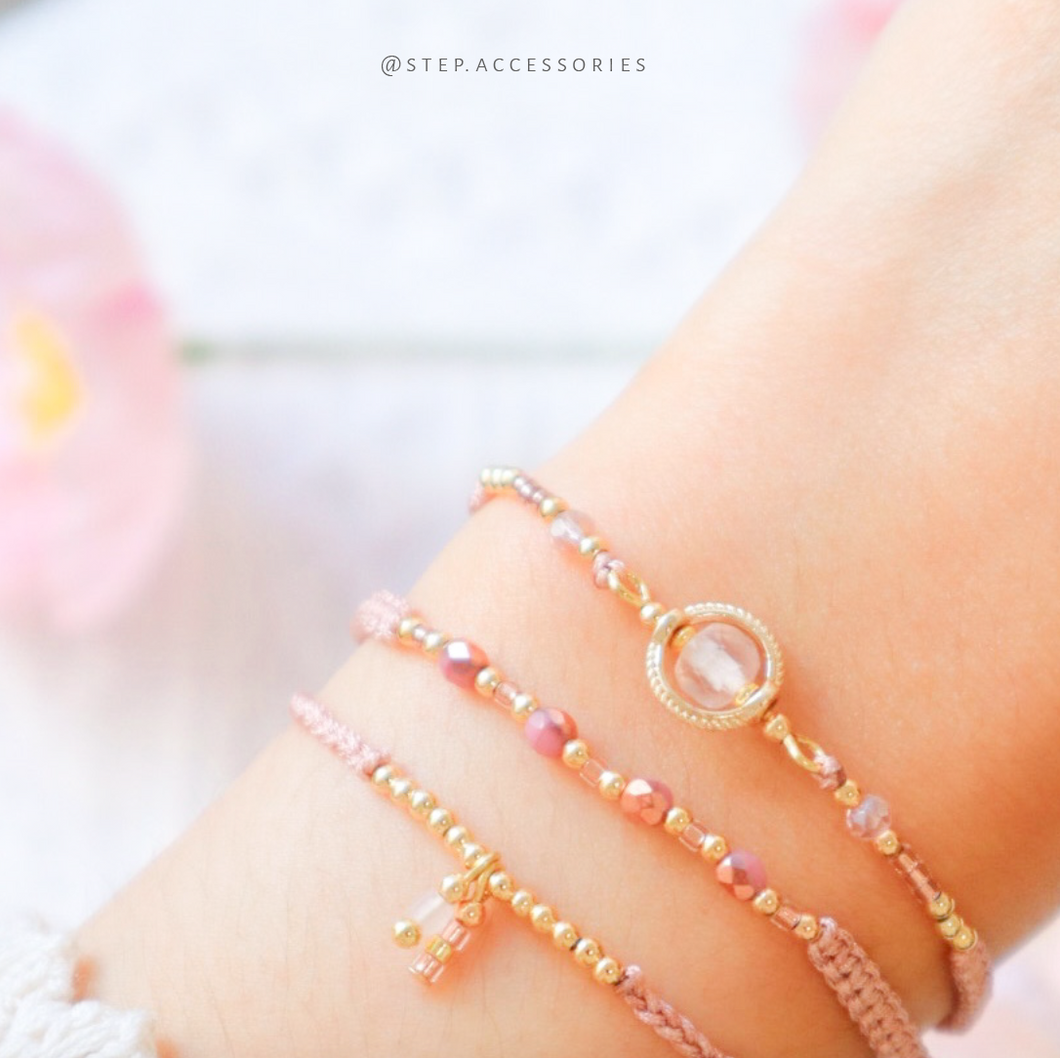 H755 紛紅晶 Pink Hand strap set / piece with Square Natural stone and glass beads < 3 styles >
