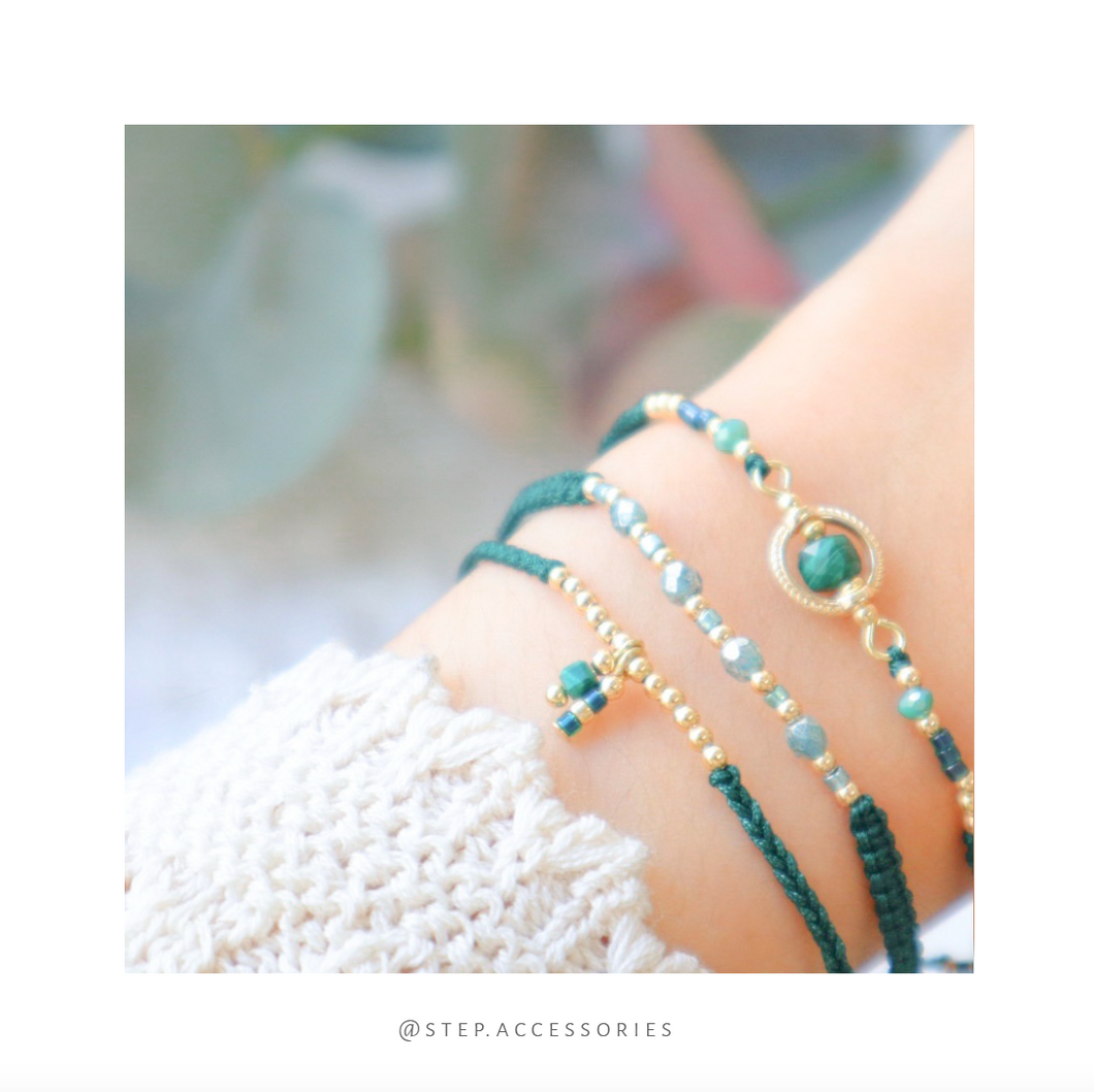 H760 孔雀石 Green Hand strap set / piece with Square Natural stone and glass beads < 3 styles >