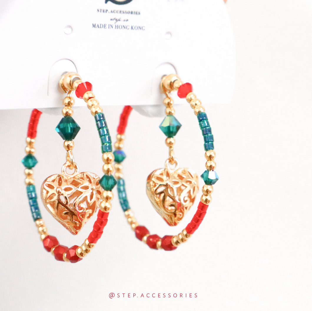 S309- 2 ways Christmas Heart ear hoop with Czech glass beads & Swarovski