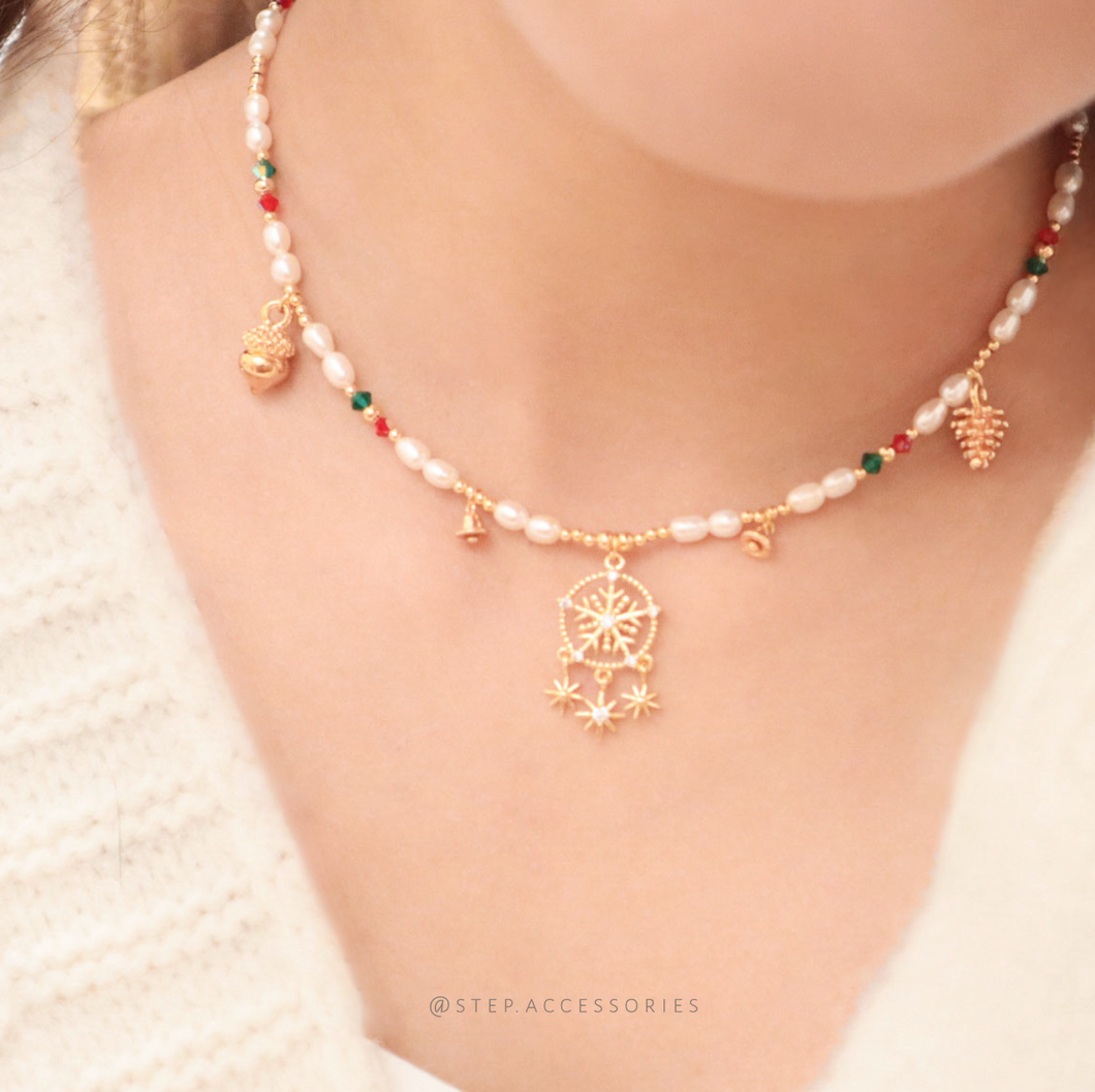 J238 Snowflake, Christmas bell, Pinecone Choker with Freshwater pearls and Swarovski