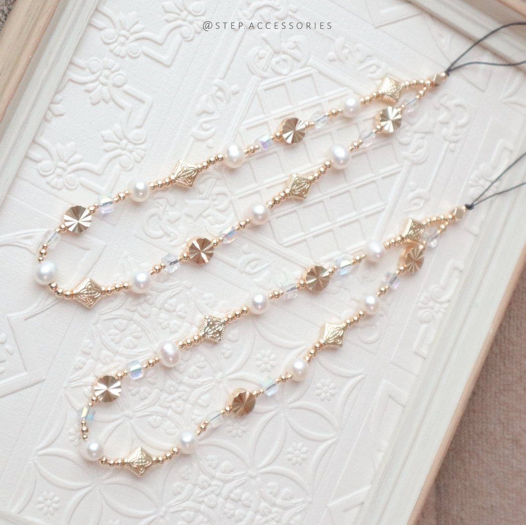 Square Glass beads Phone strap with vintage beads and freshwater pearls