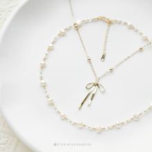 將圖片載入圖庫檢視器 Ribbon Necklace &amp; Freshwater pearls choker piece / set &lt;Gold / Silver&gt;
