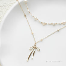 將圖片載入圖庫檢視器 Ribbon Necklace &amp; Freshwater pearls choker piece / set &lt;Gold / Silver&gt;
