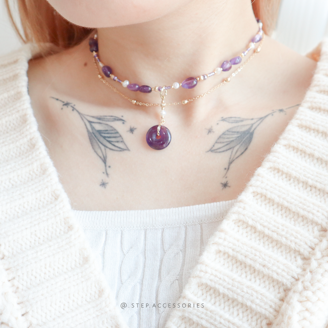 Peace Buckle Choker with Natural stone and freshwater pearls <紫水晶>