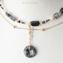 將圖片載入圖庫檢視器 Peace Buckle Choker with Natural stone and freshwater pearls &lt;黑髮晶,閃光石&gt;
