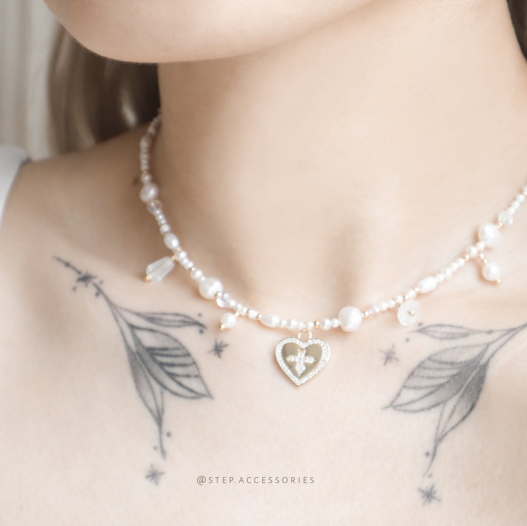 Girly Heart Choker with freshwter pearls and shell pearls