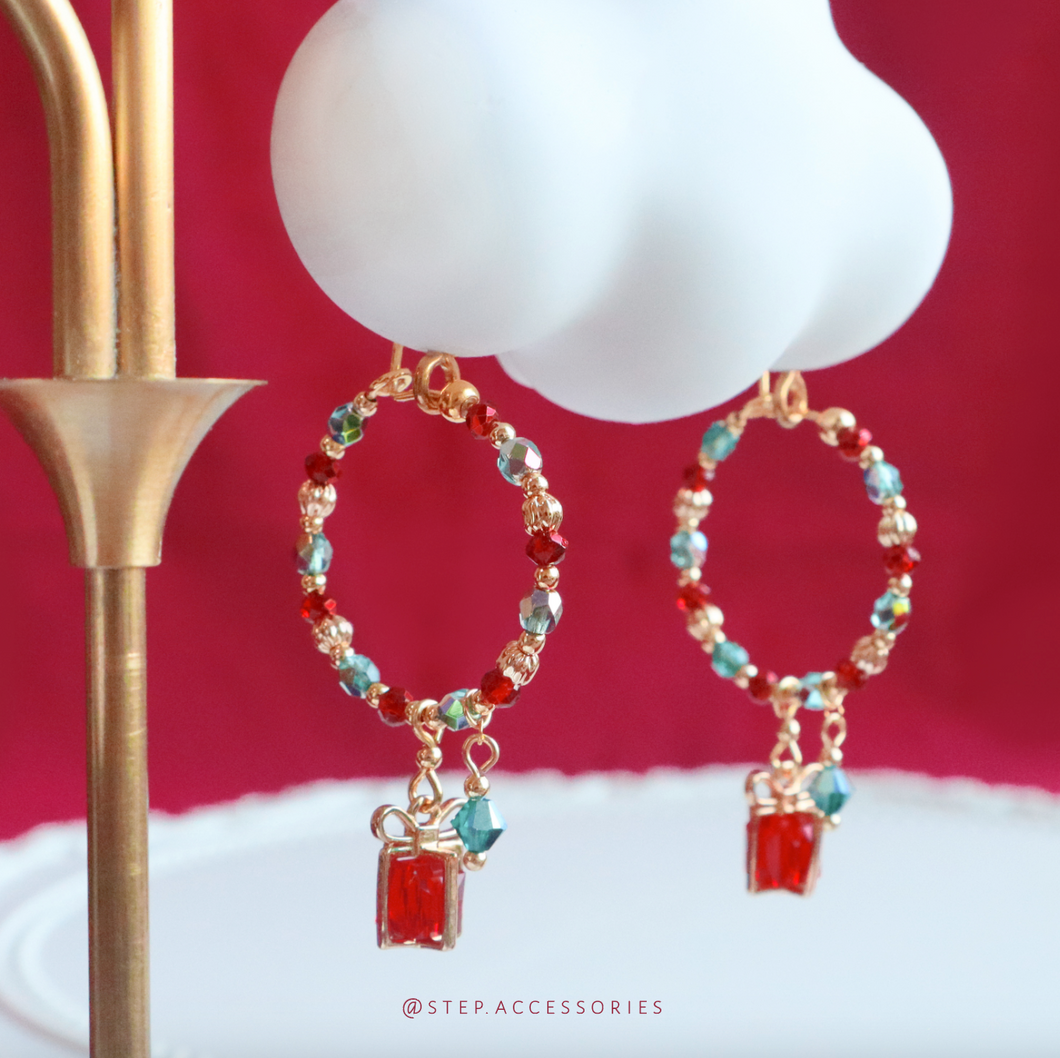 S317 Red Christmas gift box ear hoops with Czech glass beads and Swarovski