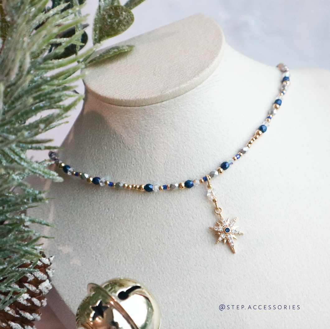 J276  Christmas Choker with Czech glass beads and Zircon star