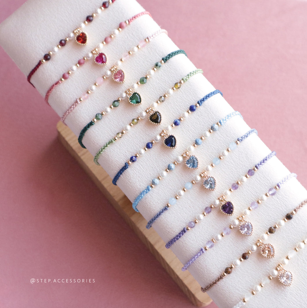 Zircon Heart hand strap with Natural stone and glass pearls <12 colors>