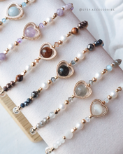將圖片載入圖庫檢視器 **黑曜石 &amp; 赫磁石**Natural stone Heart Bracelet with Swarovski and Freshwater pearls
