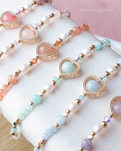 將圖片載入圖庫檢視器 **黑曜石 &amp; 赫磁石**Natural stone Heart Bracelet with Swarovski and Freshwater pearls
