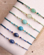 將圖片載入圖庫檢視器 Faceted Olive Shape Natural stone Hand strap with Swarovski and Japanese glass beads<green/mint/navy/blue>
