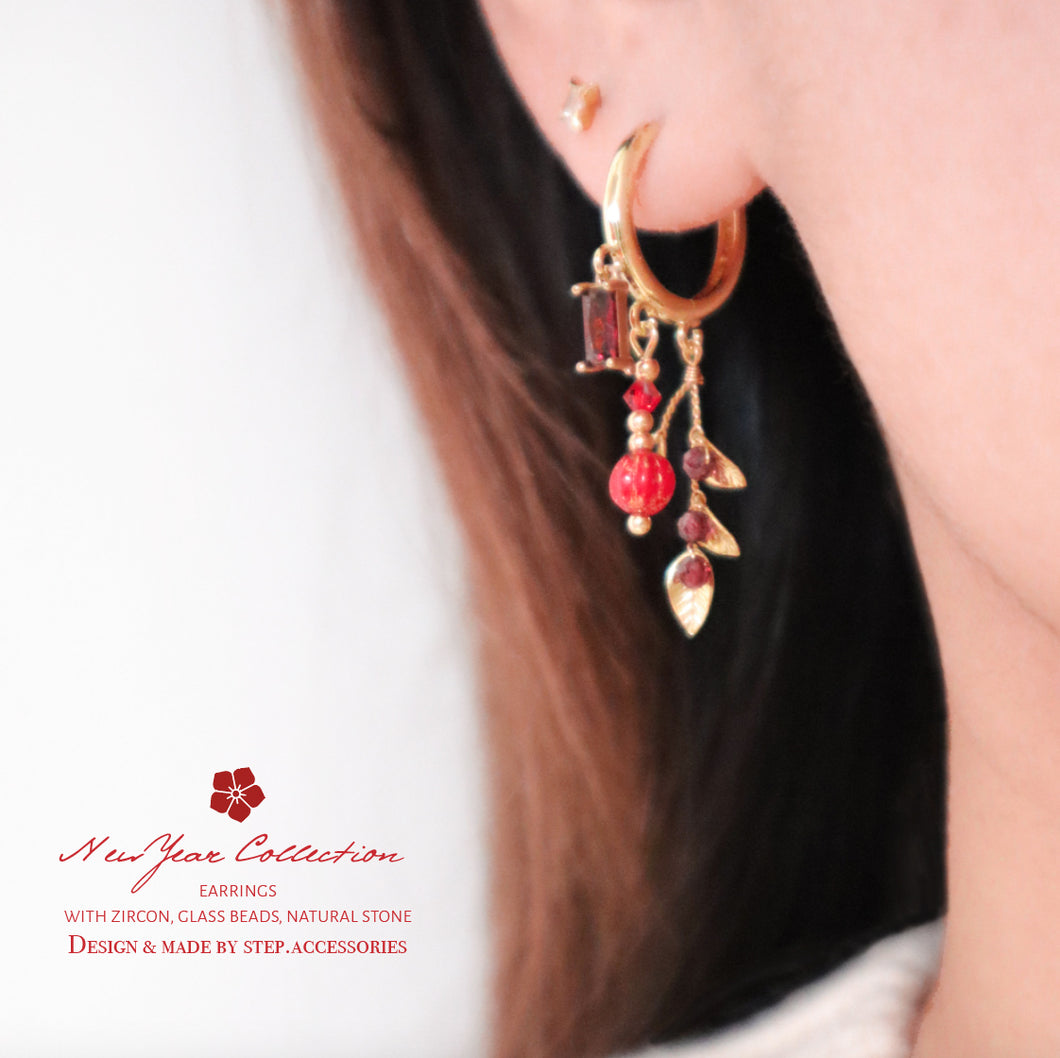 D120 New Year Zircon earrings with Natural stone and Czech glass beads