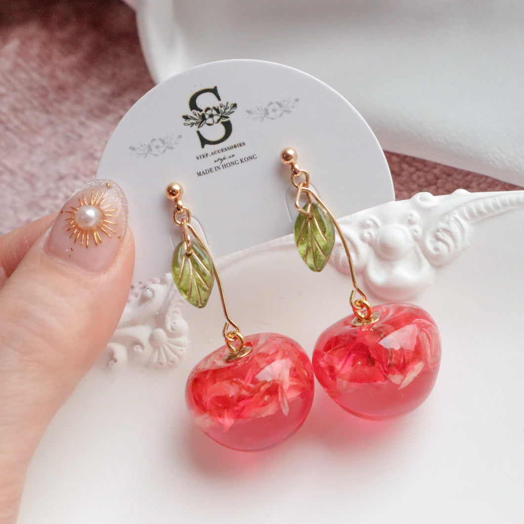 S135 Dried flower resin cherry with Japanese glass leaf earrings