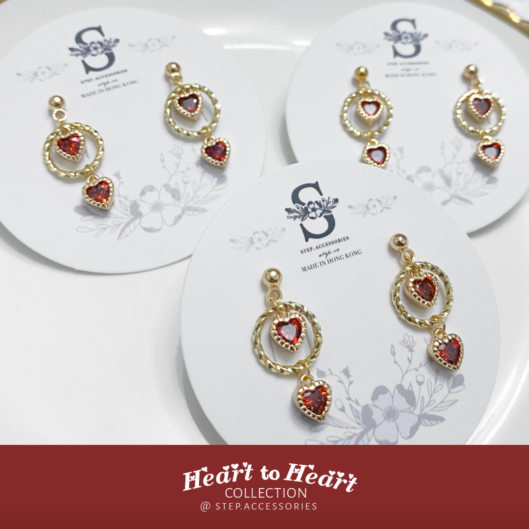 Red Heart Zircon Earrings /with Swarovski & Glass < 2 styles >
