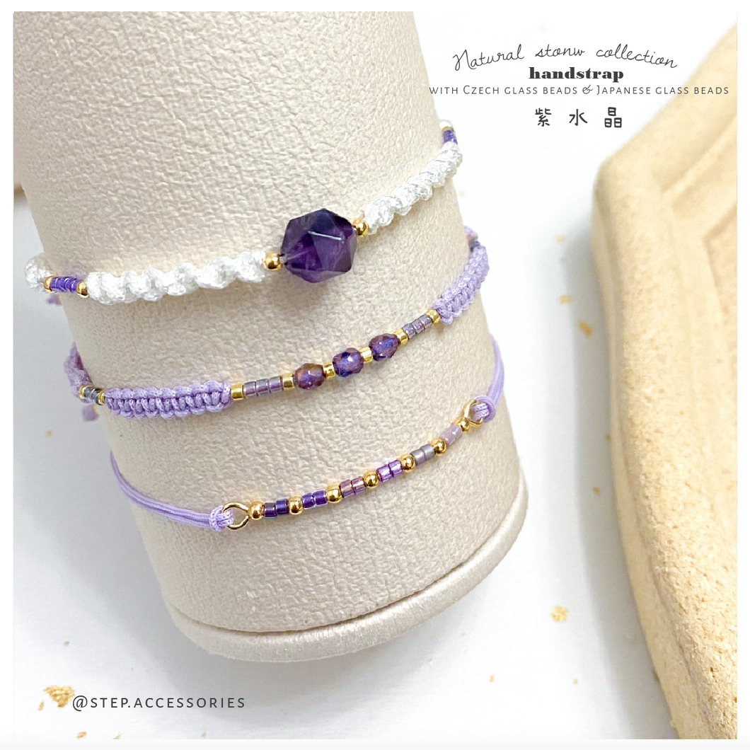 H030 紫水晶 Purple Natural stone with japanese glass beads hand strap set / piece <total 12 colors>