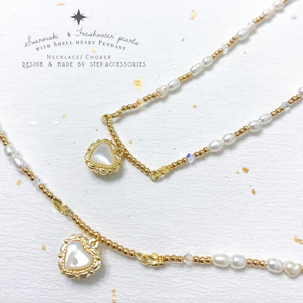 J073 Shell Heart pendant with Freshwater pearls & Swarovski Necklace/Choker