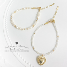 將圖片載入圖庫檢視器 H478-H479 Freshwater pearls &amp; Swarovski Bracelet / Gold heart with Natural stone Bracelet
