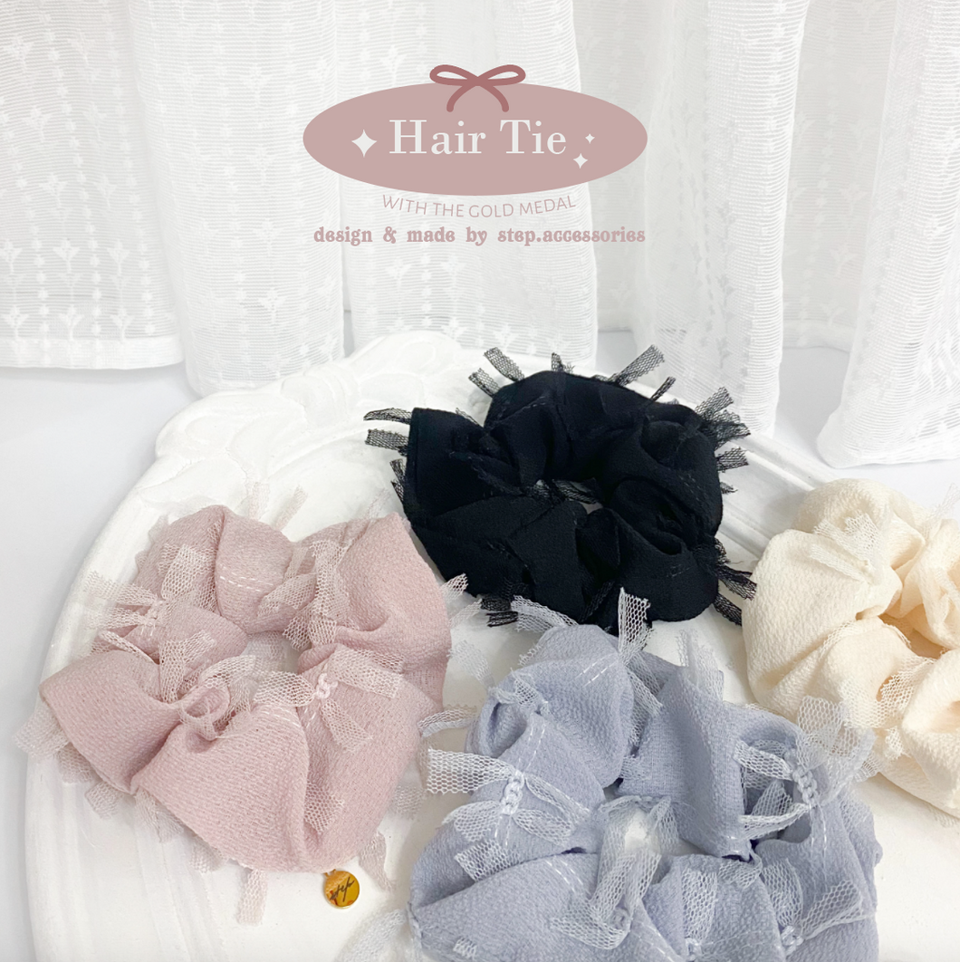 Hair Tie with chiffon fabric and gold medal < 4 colors >