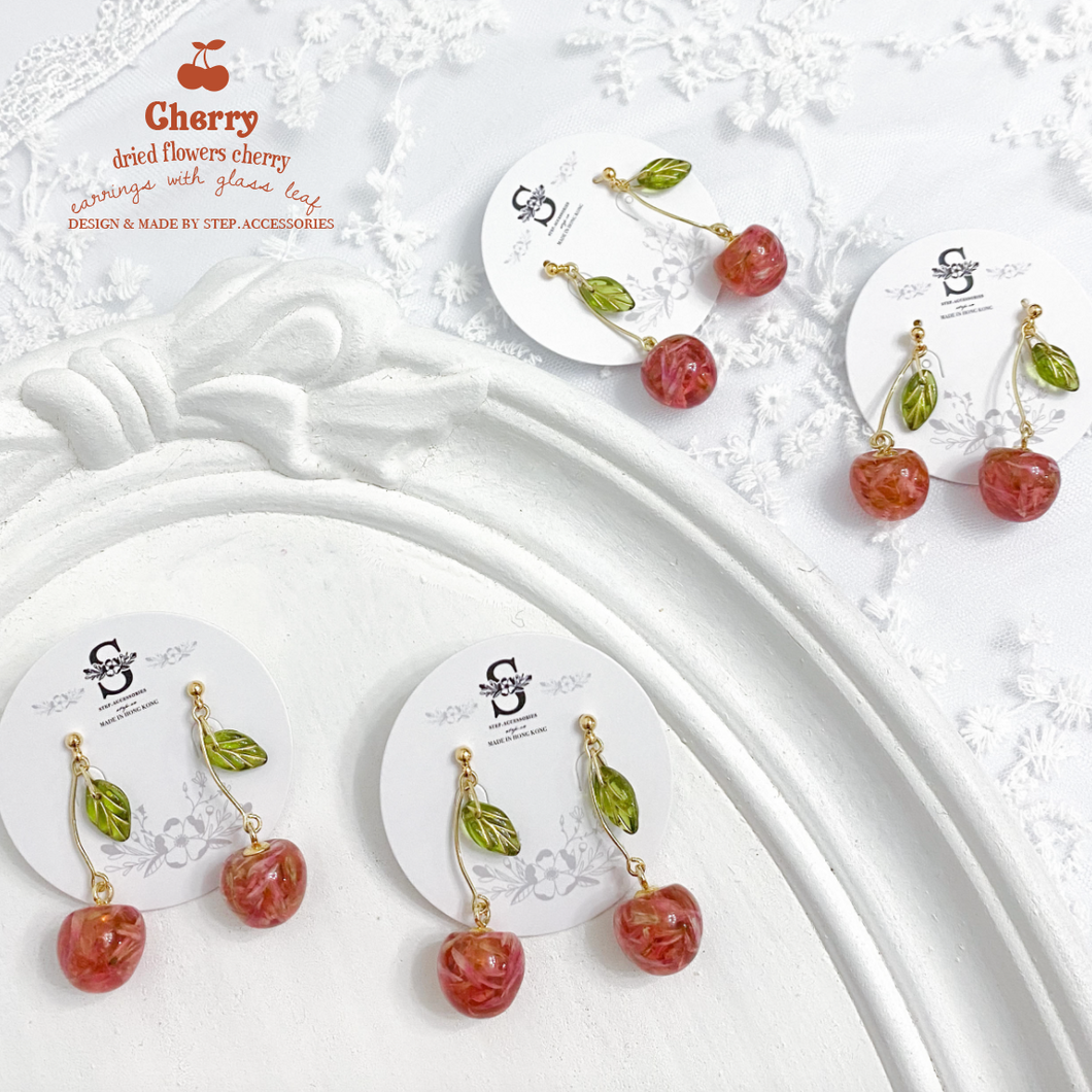 S135 Dried flower resin cherry with Japanese glass leaf earrings