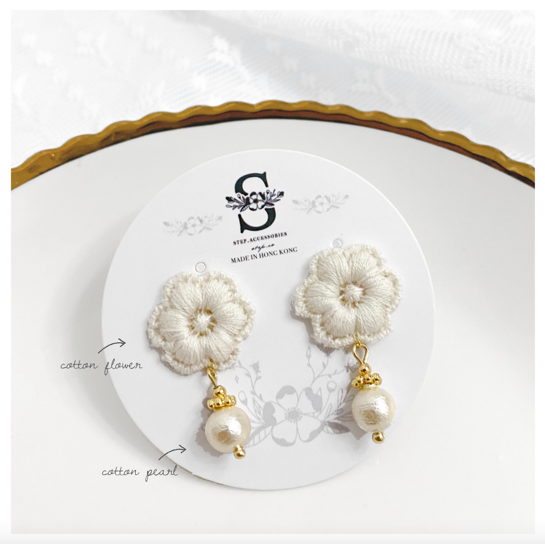 S228/S195 Flower earrings with cotton pearls/with Czech glass beads <2 styles>