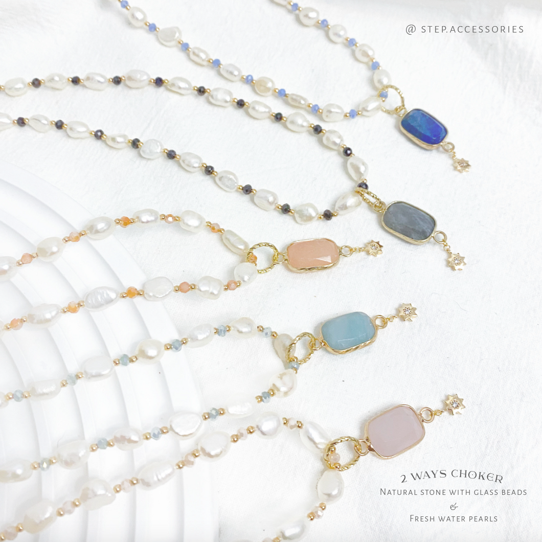 2 ways Freshwater pearls & glass beads choker with Natural stone Pendant <5 colors>
