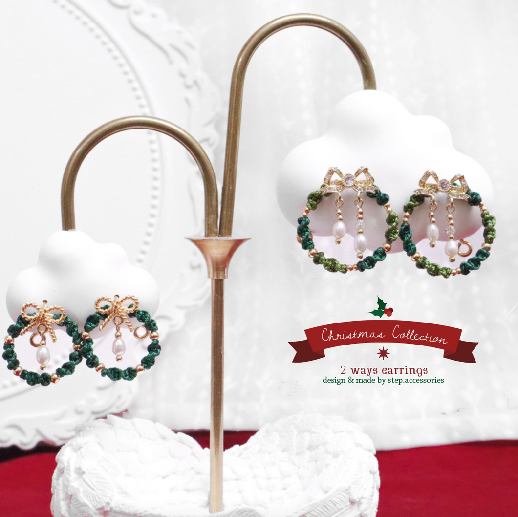 Christmas wreath 2 ways earring with Freshwater pearls and ribbon <2 style>