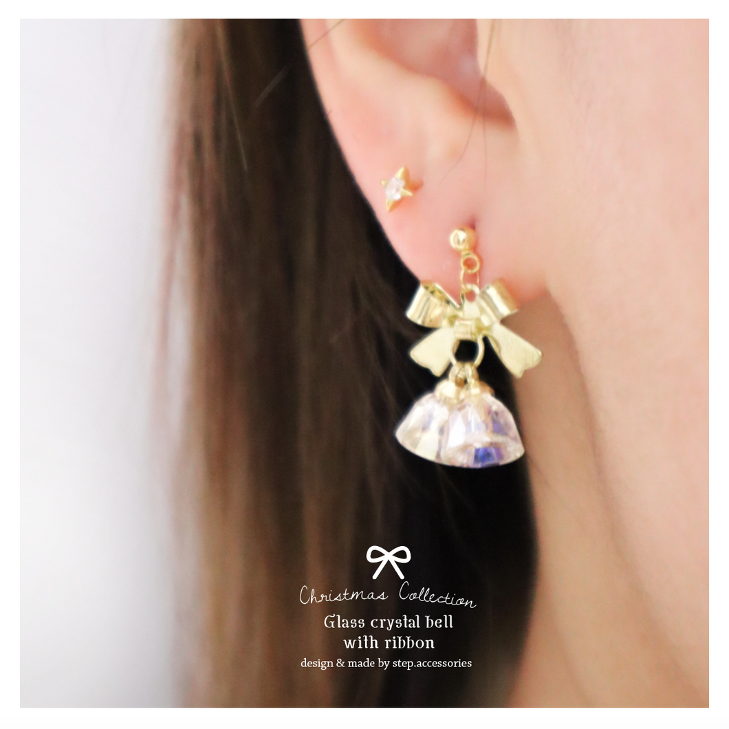 S271 - Glass crystal Christmas bell earrings with ribbon
