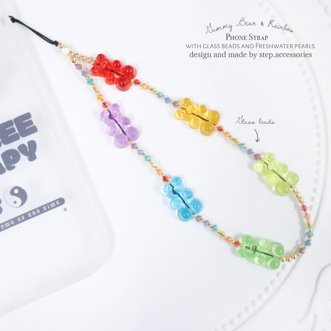 Gummy Bears and Rainbow Phone strap with glass beads and freshwater pearls < 3 styles >